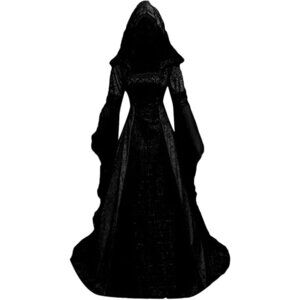 Women Black Victorian Dress Vintage Witch Halloween Renaissance Velvet Costumes